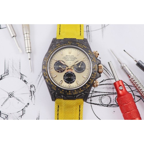 Rolex CronusArt X Daytona DIW WWF Best Edition Full Carbon Case and Gold Black Dial on Yellow Nylon Strap A7750
