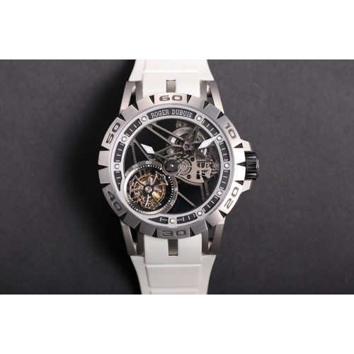 Roger Dubuis Excalibur Sports Tourbillon SS JBF Best Edition Skeleton Dial on White Rubber Strap A2136 Tourbillon
