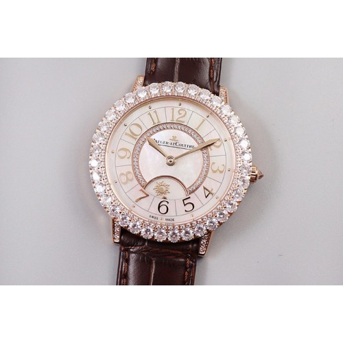 Jaeger-LeCoultre Rendez-Vous Night & Day RG Diamonds Bezel ZF 1:1 Best Edition White MOP Dial on Black Leather Strap A898 Jaeger-LeCoultre Rendez-Vous Night & Day RG Diamonds Bezel ZF 1:1 Best Edition White MOP Dial on Black Leather Strap A898