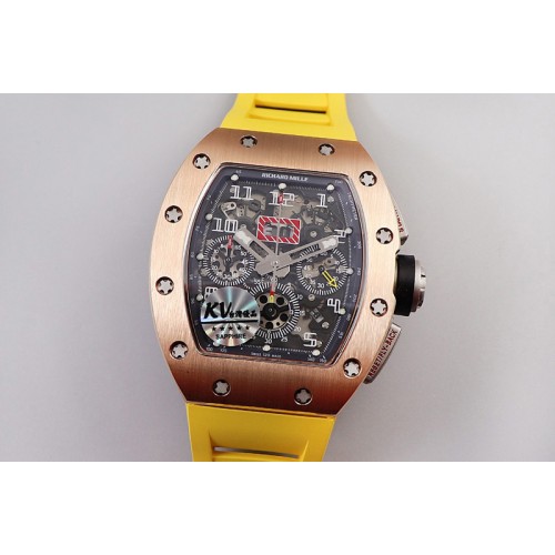 Richard Mille RM011 RG Chrono KVF 1:1 Best Edition Crystal Dial Black on Yellow Rubber Strap A7750 V3 Richard Mille RM011 RG Chrono KVF 1:1 Best Edition Crystal Dial Black on Yellow Rubber Strap A7750 V3
