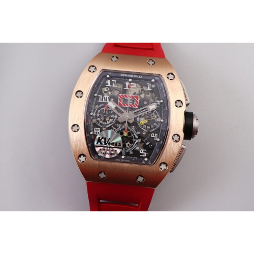 Richard Mille RM011 RG Chrono KVF 1:1 Best Edition Crystal Dial Black on Red Rubber Strap A7750 V3 Richard Mille RM011 RG Chrono KVF 1:1 Best Edition Crystal Dial Black on Red Rubber Strap A7750 V3