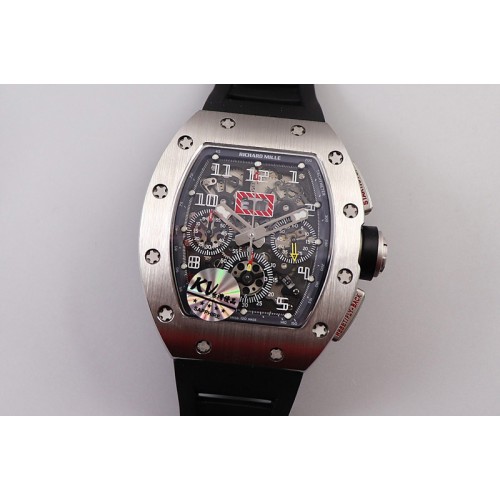 Richard Mille RM011 SS Chrono KVF 1:1 Best Edition Crystal Dial Black on Black Rubber Strap A7750 V3