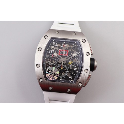 Richard Mille RM011 SS Chrono KVF 1:1 Best Edition Crystal Dial Black on White Rubber Strap A7750 V3