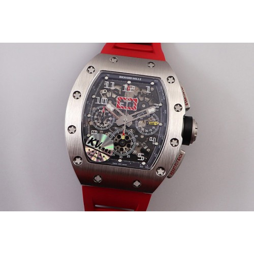 Richard Mille RM011 SS Chrono KVF 1:1 Best Edition Crystal Dial Black on Red Rubber Strap A7750 V3 Richard Mille RM011 SS Chrono KVF 1:1 Best Edition Crystal Dial Black on Red Rubber Strap A7750 V3