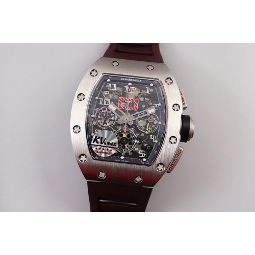 Richard Mille RM011 SS Chrono KVF 1:1 Best Edition Crystal Dial Black on Brown Rubber Strap A7750 V3