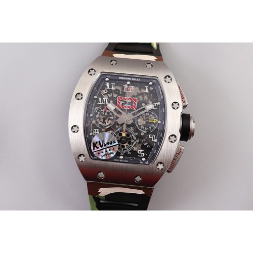 Richard Mille RM011 SS Chrono KVF 1:1 Best Edition Crystal Dial Black on Green Camo Rubber Strap A7750 V3 Richard Mille RM011 SS Chrono KVF 1:1 Best Edition Crystal Dial Black on Green Camo Rubber Strap A7750 V3