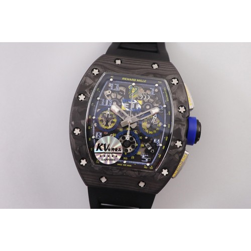 Richard Mille RM011 NTPT Chrono SS Case KVF 1:1 Best Edition Crystal Dial Blue on Black Rubber Strap A7750 V2