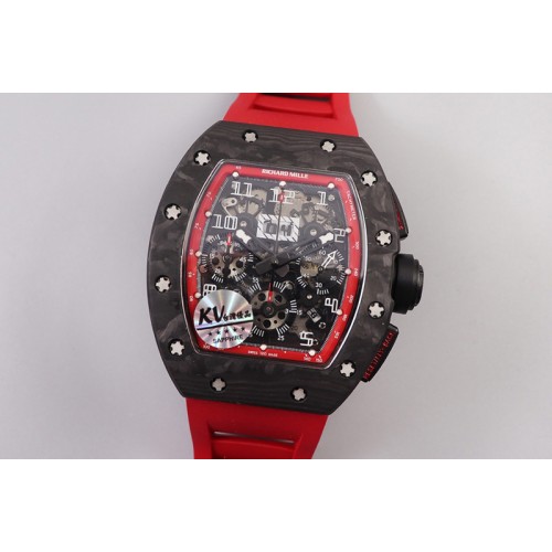 Richard Mille RM011 NTPT Chrono PVD Case KVF 1:1 Best Edition Crystal Dial Red on Red Rubber Strap A7750 V2 Richard Mille RM011 NTPT Chrono PVD Case KVF 1:1 Best Edition Crystal Dial Red on Red Rubber Strap A7750 V2
