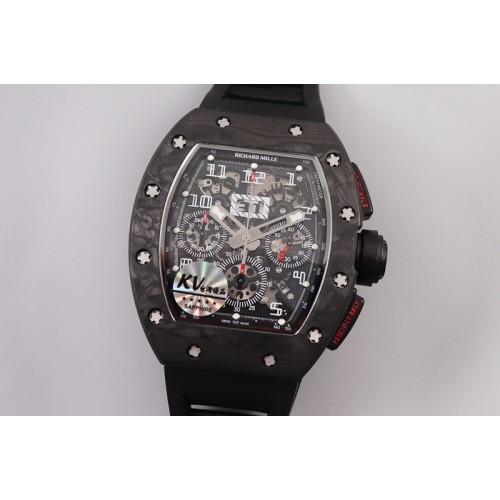 Richard Mille RM011 NTPT Chrono PVD Case KVF 1:1 Best Edition Crystal Dial Black on Black Rubber Strap A7750 V2