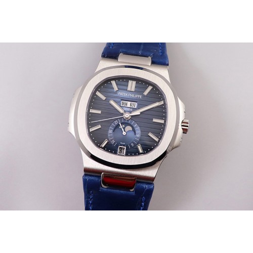 Patek Philippe Nautilus 5726 Complicated SS GRF 1:1 Best Edition Blue Textured Dial on Blue Leather Strap A324