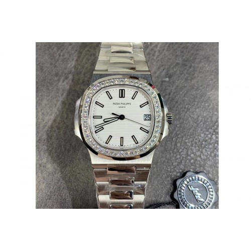 Patek Philippe Nautilus 5711/1A PPF 1:1 Best Edition White Dial Diamonds Bezel on SS Bracelet 324CS (Free box) V3