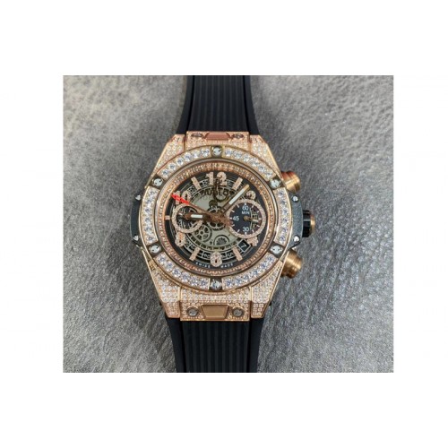 Hublot Big Bang Unico 45mm TA Best Edtion RG Full Diamond on Black Rubber Strap HUB142