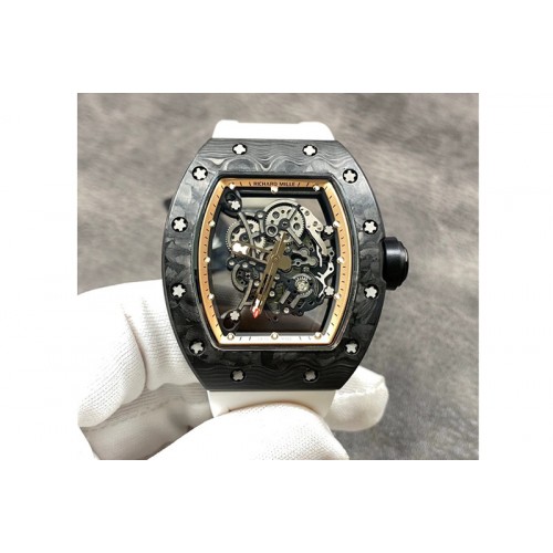 Richard Mille RM055 Forged Carbon Titanium Case KVF Best Edition Skeleton Dial Gold Inner Bezel on White Rubber Strap MIYOTA8215 Richard Mille RM055 Forged Carbon Titanium Case KVF Best Edition Skeleton Dial Gold Inner Bezel on White Rubber Strap MIYOTA8215