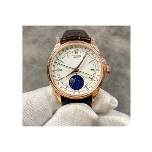 Rolex Cellini 50535 Moonphase RG KZF Best Edition White dial on leather strap A3195 (free a tool)