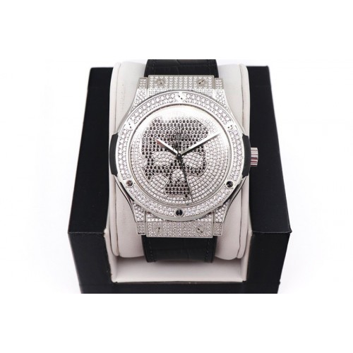 Hublot Classic Fusion Automatic SS WWF Best Edition Diamonds Case Diamonds Skull Dial on Black Leather Strap HB1112