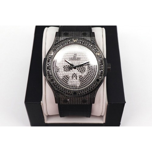 Hublot Classic Fusion Automatic  DLC/Diamonds Case WWF Best Edition Diamonds Skull Dial on Black Gummy Strap HB1112