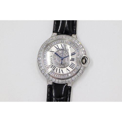Cartier Ballon Bleu T Diamond SS Full Paved Diamonds with Roman Markers Dial on Black Leather Strap Miyota 9015