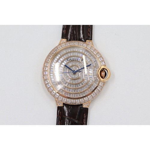 Cartier Ballon Bleu T Diamond RG Full Paved Diamonds Dial on Black Leather Strap Miyota 9015