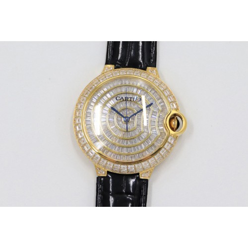 Cartier Ballon Bleu T Diamond YG Full Paved Diamonds Dial on Black Leather Strap Miyota 9015