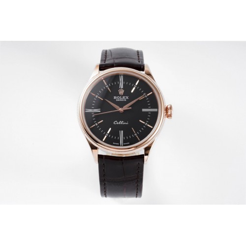 Rolex Cellini RG KZF 1:1 Best Edition Black Dial Roman Markers on Brown Leather Strap SA3132 Rolex Cellini RG KZF 1:1 Best Edition Black Dial Roman Markers on Brown Leather Strap SA3132
