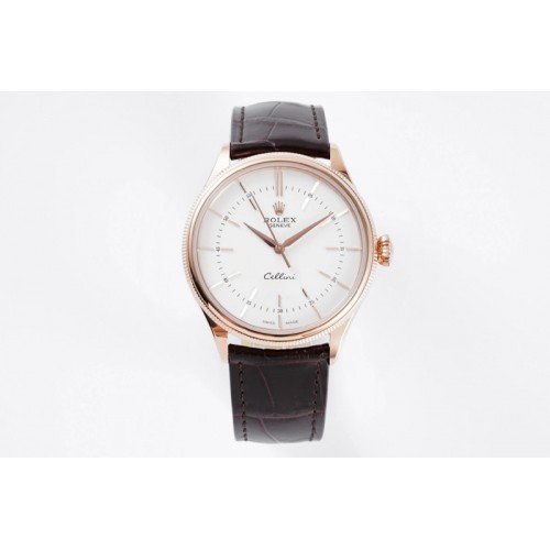 Rolex Cellini RG KZF 1:1 Best Edition White Dial Stick Markers on Brown Leather Strap SA3132