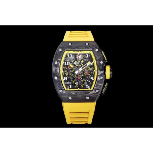 Richard Mille RM011 NTPT Carbon Chrono KVF 1:1 Best Edition Crystal Skeleton Dial Yellow Inner Bezel on Yellow Rubber Strap A775 Richard Mille RM011 NTPT Carbon Chrono KVF 1:1 Best Edition Crystal Skeleton Dial Yellow Inner Bezel on Yellow Rubber Strap A775