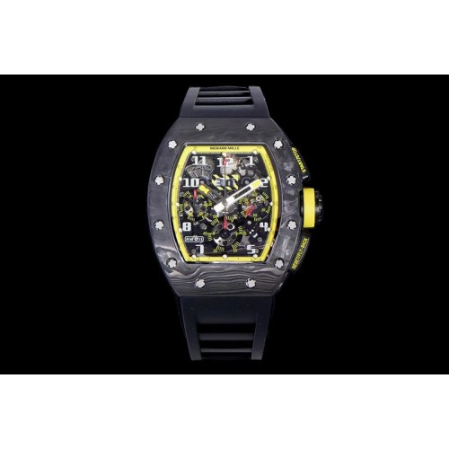 Richard Mille RM011 NTPT Carbon Chrono KVF 1:1 Best Edition Crystal Skeleton Dial Yellow Inner Bezel on Black Rubber Strap A7750 Richard Mille RM011 NTPT Carbon Chrono KVF 1:1 Best Edition Crystal Skeleton Dial Yellow Inner Bezel on Black Rubber Strap A7750