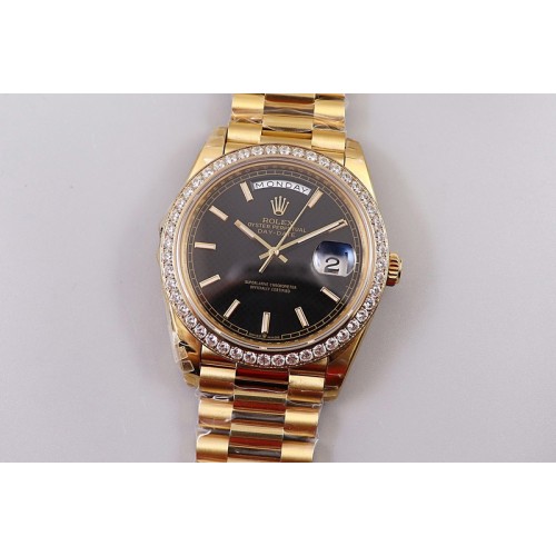 Rolex Day-Date 40mm 228239 EWF Best Edtion YG Diamond Bezel Black Dial President Bracelet A3255