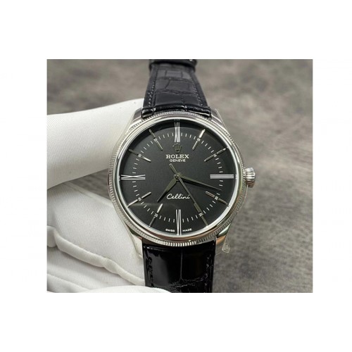 Rolex Cellini 50509 SS GMF 1:1 Best Edition Black Dial Stick Markers on Black Leather Strap SA3132