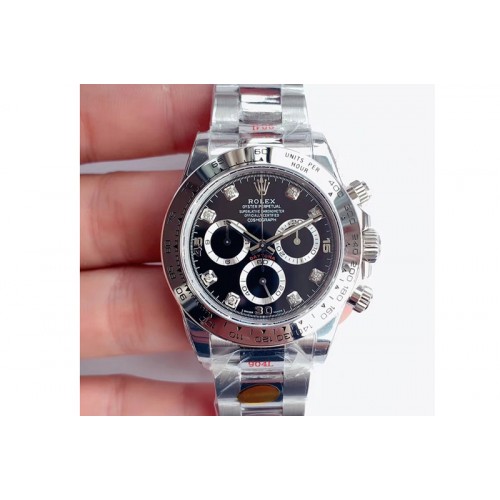 Rolex Daytona 116509 SS Noob 1:1 Best Edition 904L SS Case and Bracelet Black Dial Diamonds Markers SA4130 V3