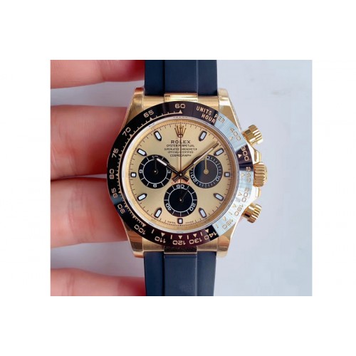 Rolex Daytona 116518 Noob 1:1 Best Edition YG Plated 904L SS Case YG/Black Dial on Black Rubber Strap SA4130 V3 (Free Extra Stra