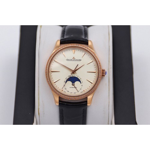 Jaeger-LeCoultre Master Ultra Thin Moonphase RG/LE Diamond Bezel White Dial Black Leather Strap TW MY9015 to Cal.925