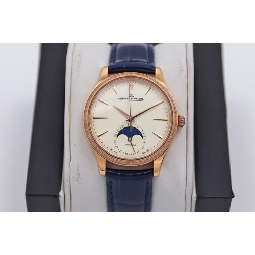 Jaeger-LeCoultre Master Ultra Thin Moonphase RG/LE Diamond Bezel White Dial Blue Leather Strap TW MY9015 to Cal.925