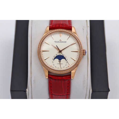 Jaeger-LeCoultre Master Ultra Thin Moonphase RG/LE Diamond Bezel White Dial Red Leather Strap TW MY9015 to Cal.925