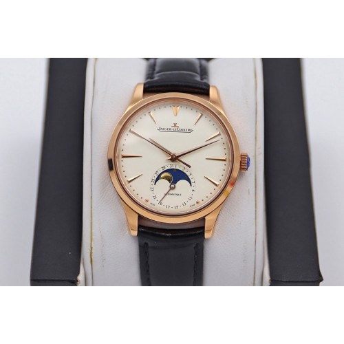 Jaeger-LeCoultre Master Ultra Thin Moonphase RG/LE White Dial Black Leather Strap TW MY9015 to Cal.925