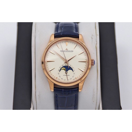 Jaeger-LeCoultre Master Ultra Thin Moonphase RG/LE White Dial Blue Leather Strap TW MY9015 to Cal.925