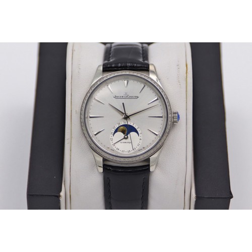 Jaeger-LeCoultre Master Ultra Thin Moonphase SS/LE White Dial Diamond Bezel Black Leather Strap TW MY9015 to Cal.925