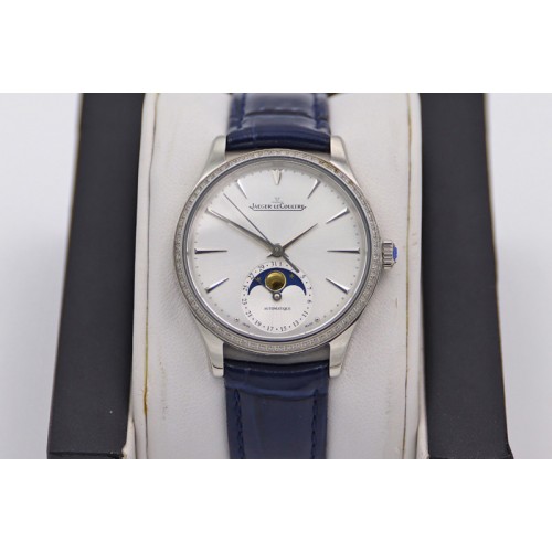 Jaeger-LeCoultre Master Ultra Thin Moonphase SS/LE White Dial Diamond Bezel Blue Leather Strap TW MY9015 to Cal.925