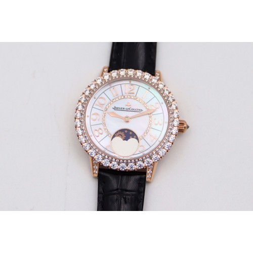 Jaeger-LeCoultre Rendez-Vous Night & Day RG Diamonds Bezel ZF 1:1 Best Edition White MOP Dial on Black Leather Strap A898 Jaeger-LeCoultre Rendez-Vous Night & Day RG Diamonds Bezel ZF 1:1 Best Edition White MOP Dial on Black Leather Strap A898