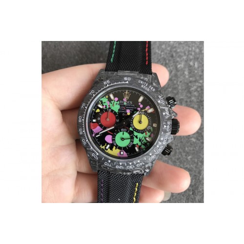 Rolex Daytona DIW Carbon Noob 1:1 Best Edition Black Colorful Dial on Black Nylon Strap SA4130