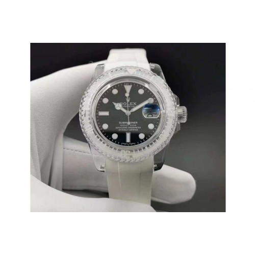 Rolex Submariner Phantomlab Transparent KZF Best Edition Black Dial on White Rubber Strap VR3135