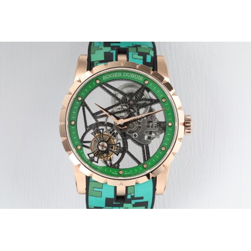Roger Dubuis Excalibur Rddbex0392 RG BBR Best Edition Skeleton Dial on Green Rubber Strap A2136 Tourbillon