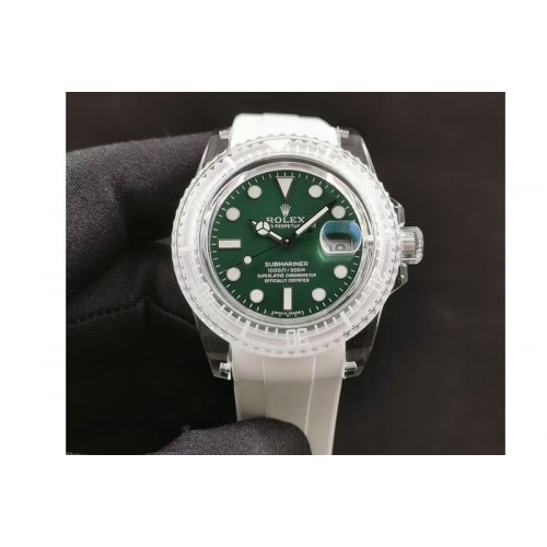 Rolex Submariner Phantomlab Transparent 5GF Best Edition Green Dial on White Rubber Strap VR3135
