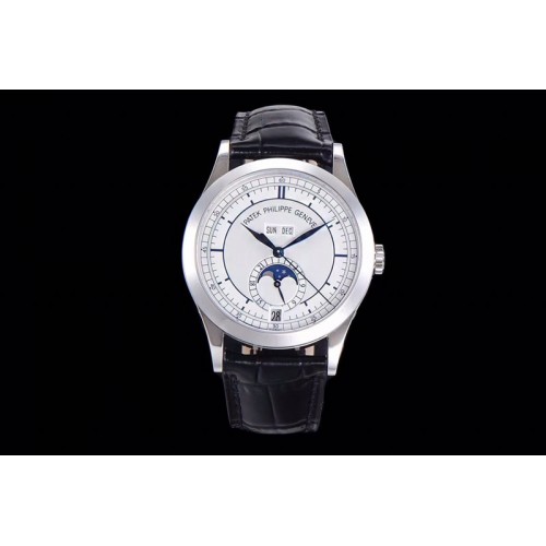 Patek Philippe Annual Calendar Complications 5396 SS GRF Best Edition White Dial Blue Markers on Black leather strap A324