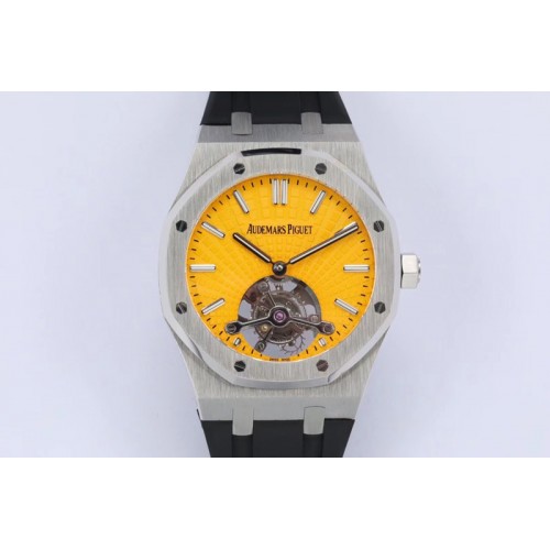 Audemars Piguet Royal Oak SS Tourbillon R8F Yellow Sunburst Tapisserie Dial on Rubber band
