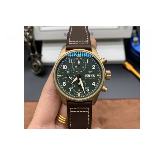IWC Pilot Chrono Spitfire IW387902 Bronze ZF 1:1 Best Edition Green Dial on Brown Leather Strap A7750 IWC Pilot Chrono Spitfire IW387902 Bronze ZF 1:1 Best Edition Green Dial on Brown Leather Strap A7750