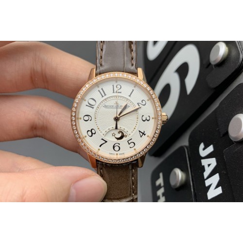 Jaeger-LeCoultre Rendez-Vous Night & Day RG ZF 1:1 Best Edition White Textured Dial Diamonds Bezel on Brown Leather Strap A898 Jaeger-LeCoultre Rendez-Vous Night & Day RG ZF 1:1 Best Edition White Textured Dial Diamonds Bezel on Brown Leather Strap A898