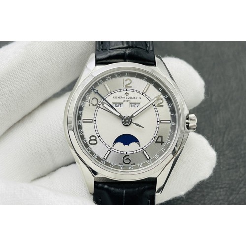 Vacheron Constantin Fiftysix Complete Calendar SS 40mm ZF 1:1 Best Edition Silver Dial on Black Leather Strap