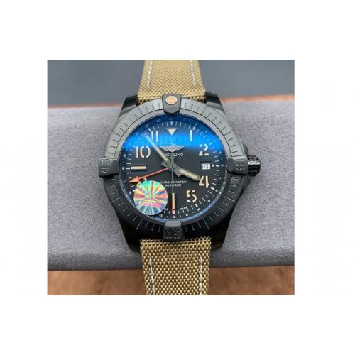 Breitling Avenger GMT 45mm DLC GF 1:1 Best Edition Black Dial on Light Brown Nylon Strap A2836