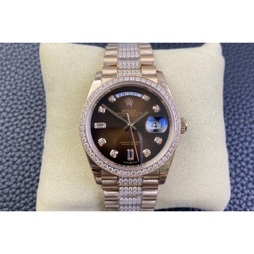 Rolex Day-Date 36 128235 RG/Crystal EW Best Edition Brown Crystal Marker Dial on RG President Bracelet SA3255